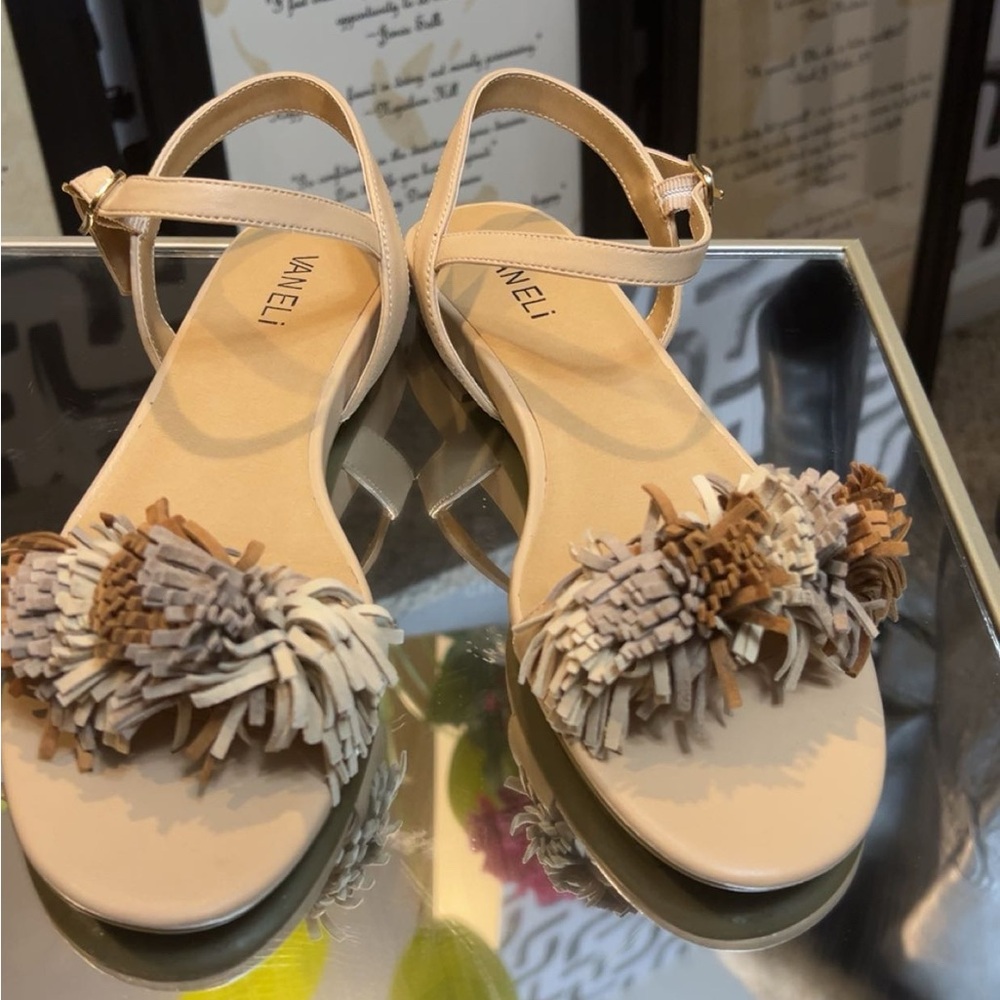 Vaneli Beige and Brown Fringe Sandals